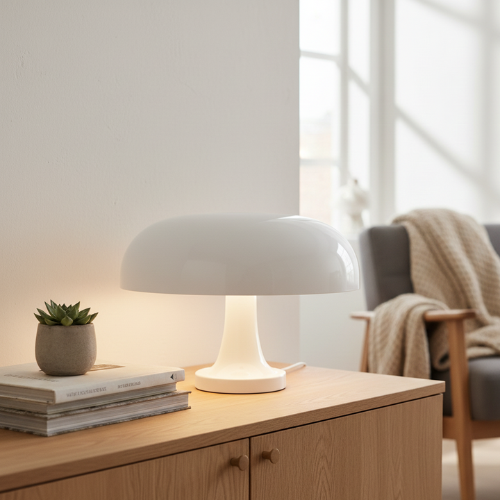 Dimm­bare LED Tischlampe im Bauhaus-Stil – Skandinavische Tischleuchte in Pilzform für Nachtisch und Büro, Warm- und Kaltweiß 11