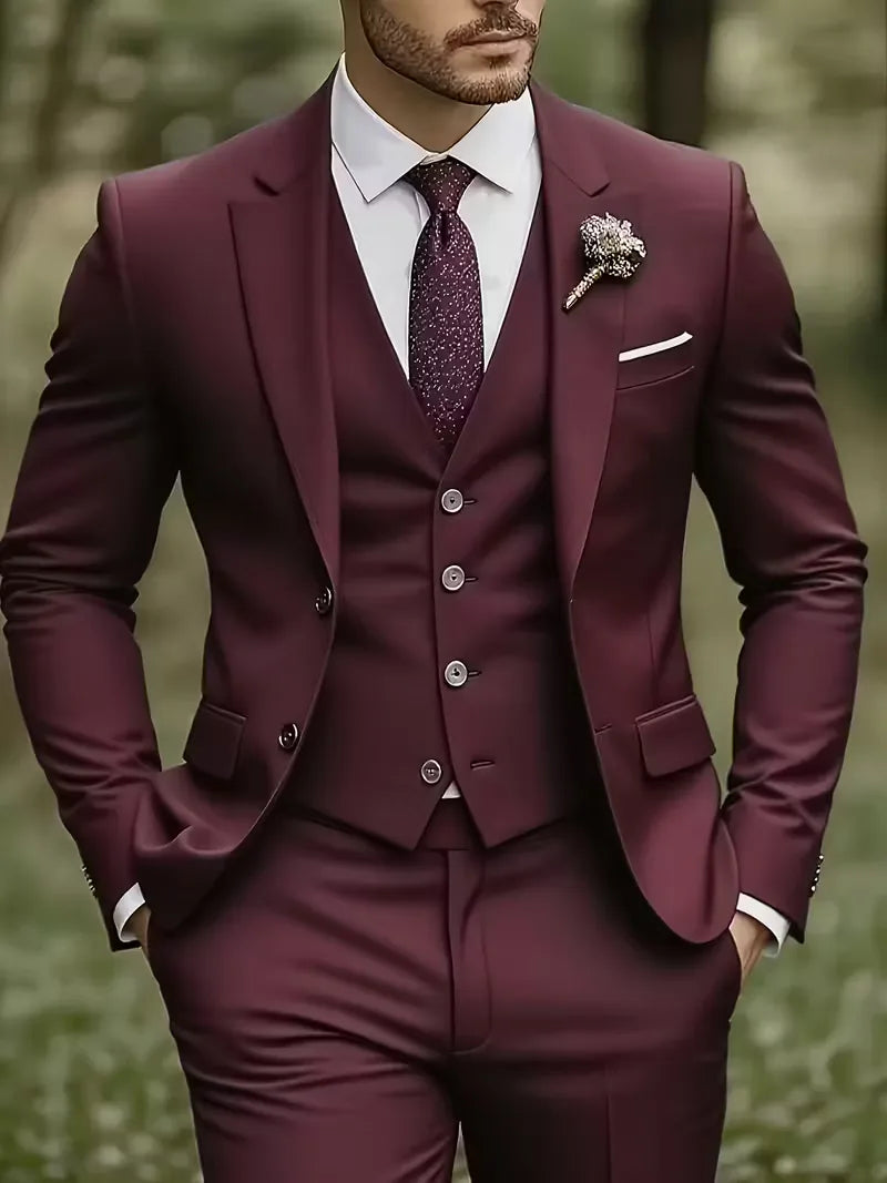 Slim-Fit-Dreiteiler für Herren – Eleganter, formeller Stil mit glänzender Oberfläche