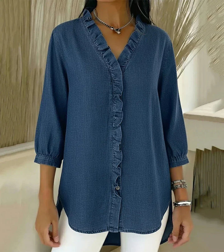 Blouse en denim pour femme à col en V - Top à manches longues avec volants