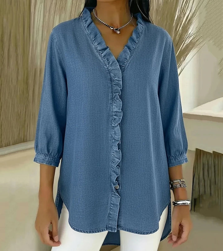 Blouse en denim pour femme à col en V - Top à manches longues avec volants
