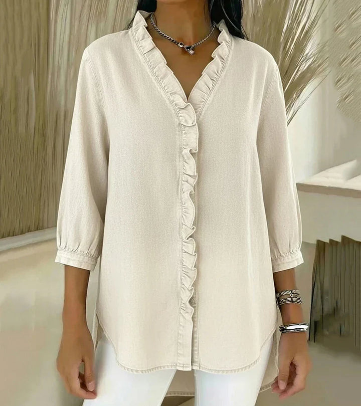 Blouse en denim pour femme à col en V - Top à manches longues avec volants