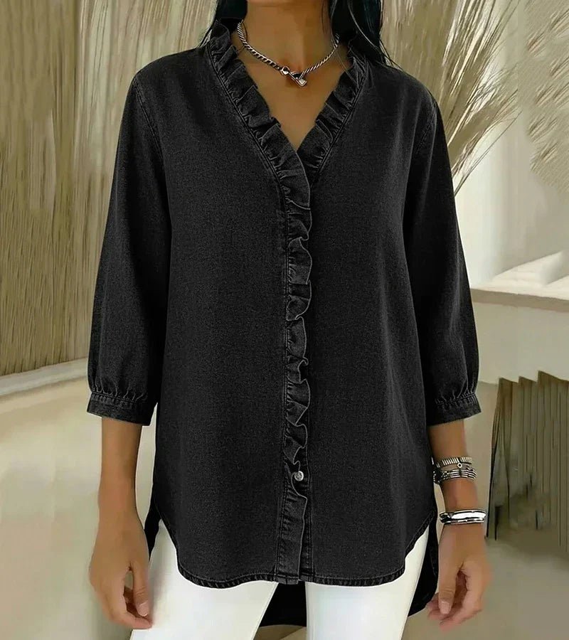 Blouse en denim pour femme à col en V - Top à manches longues avec volants