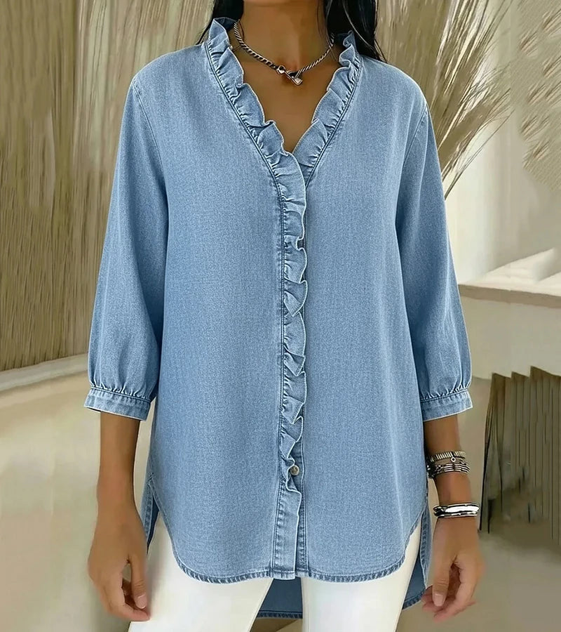 Blouse en denim pour femme à col en V - Top à manches longues avec volants