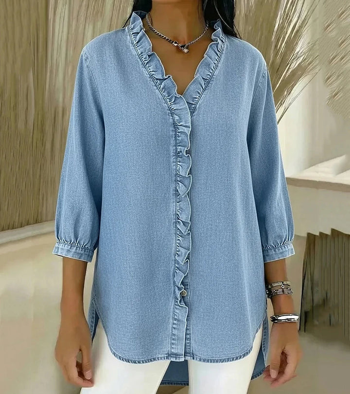 Blouse en denim pour femme à col en V - Top à manches longues avec volants