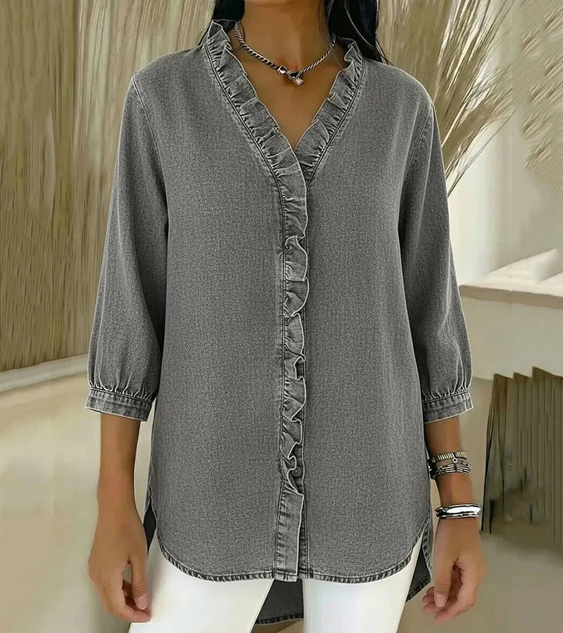 Blouse en denim pour femme à col en V - Top à manches longues avec volants