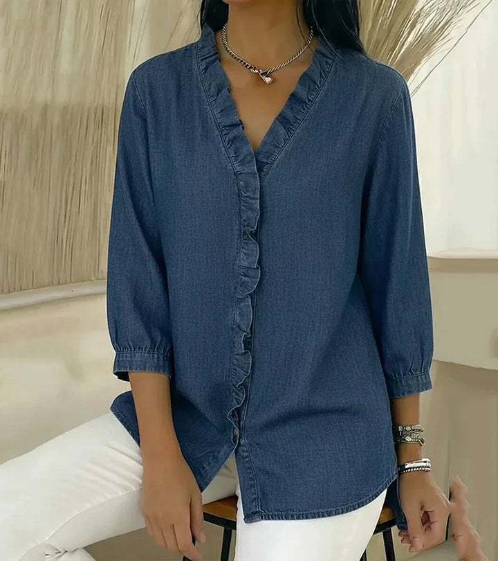 Blouse en denim pour femme à col en V - Top à manches longues avec volants
