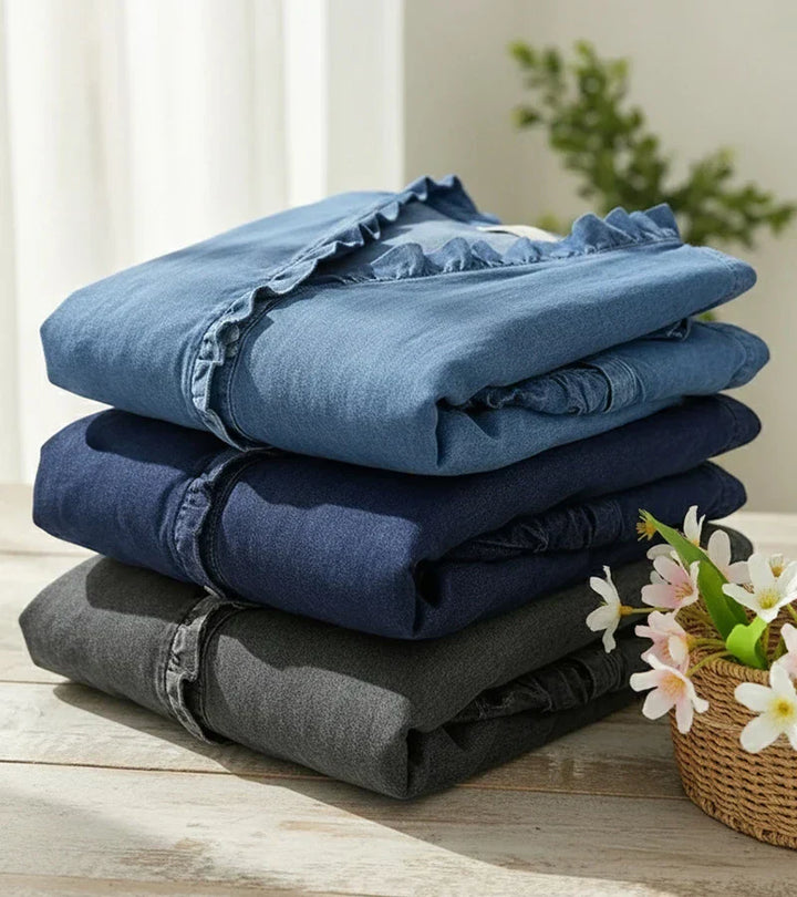 Blouse en denim pour femme à col en V - Top à manches longues avec volants