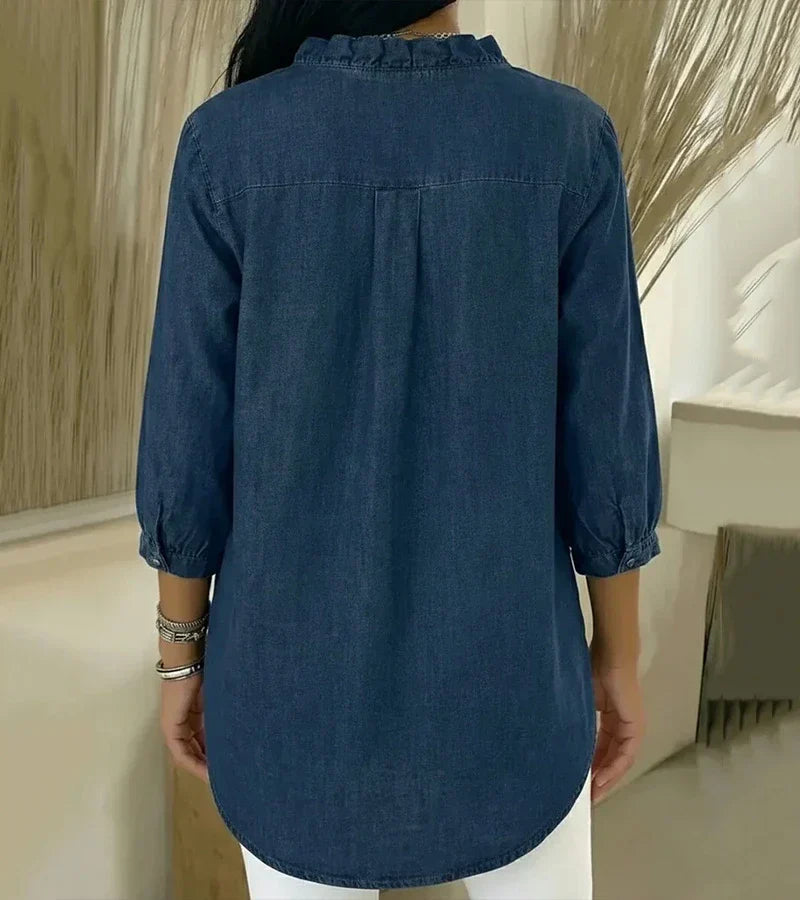 Blouse en denim pour femme à col en V - Top à manches longues avec volants