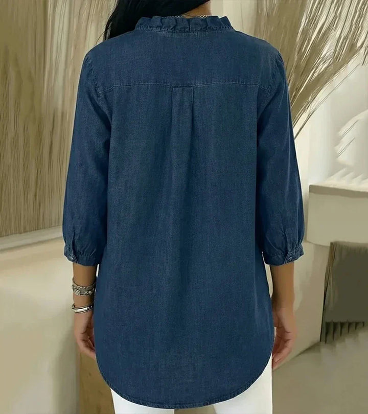Blouse en denim pour femme à col en V - Top à manches longues avec volants