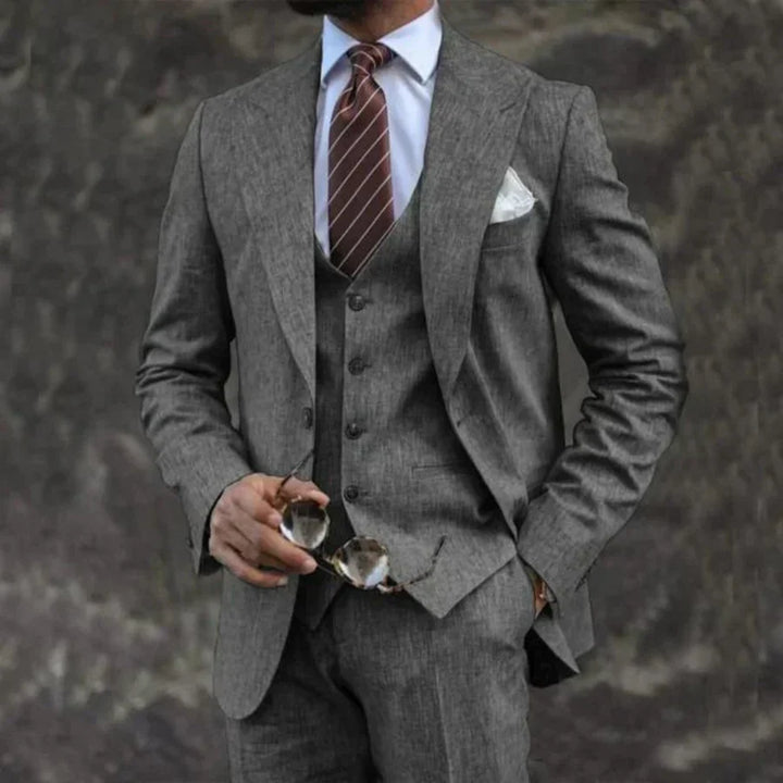 Luxurious men's suit, 3-piece – blazer, vest, and trousers. Elegant, formal, and tailored style