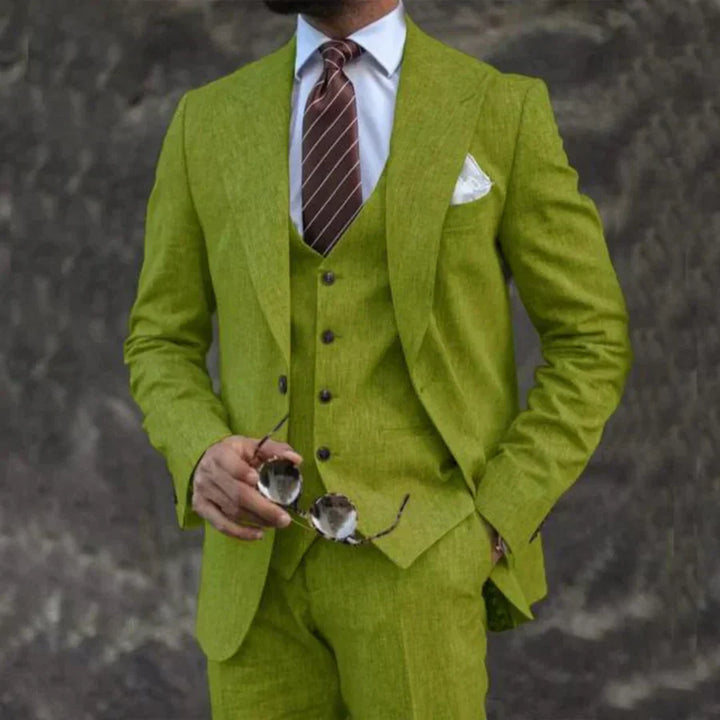 Luxurious men's suit, 3-piece – blazer, vest, and trousers. Elegant, formal, and tailored style