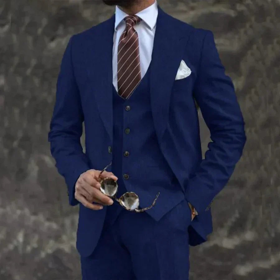Luxurious men's suit, 3-piece – blazer, vest, and trousers. Elegant, formal, and tailored style