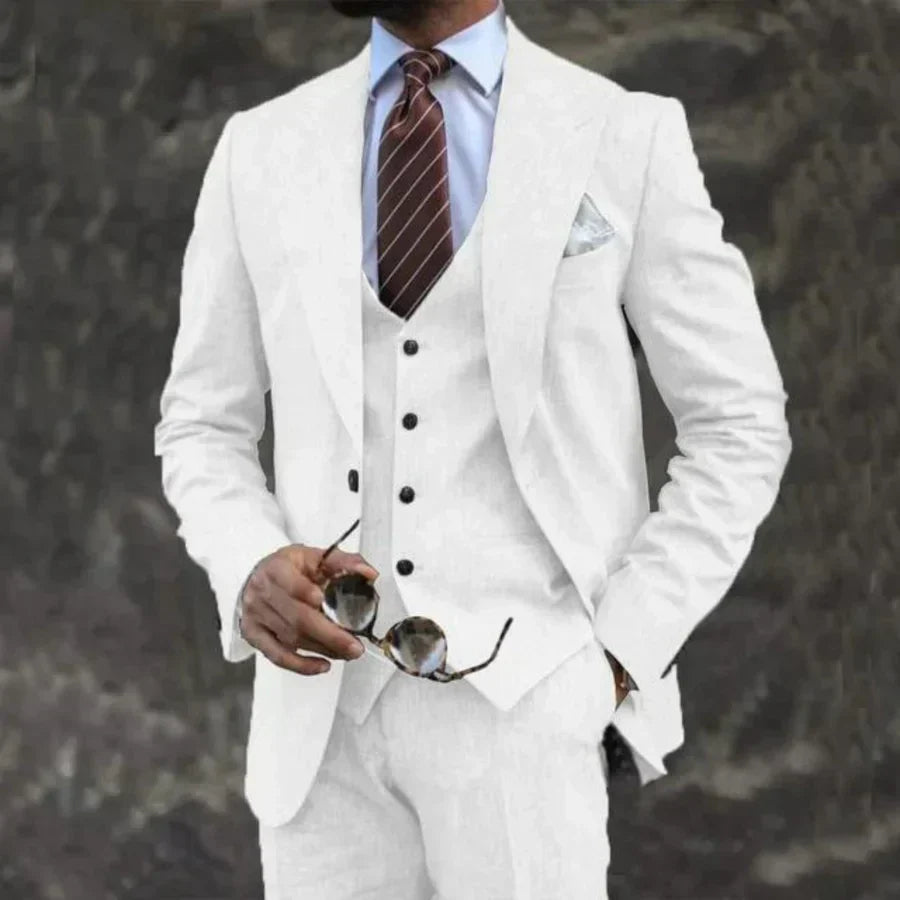 Luxurious men's suit, 3-piece – blazer, vest, and trousers. Elegant, formal, and tailored style