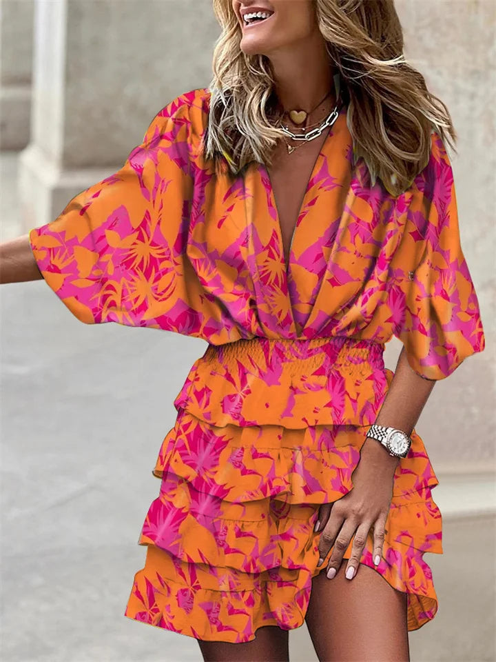 Luftiges Sommerkleid Damen V-Ausschnitt Rüschen Gürtel Midi