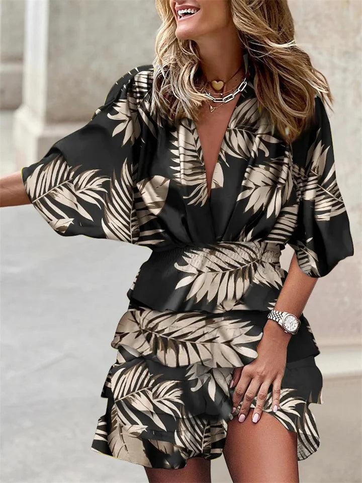 Luftiges Sommerkleid Damen V-Ausschnitt Rüschen Gürtel Midi