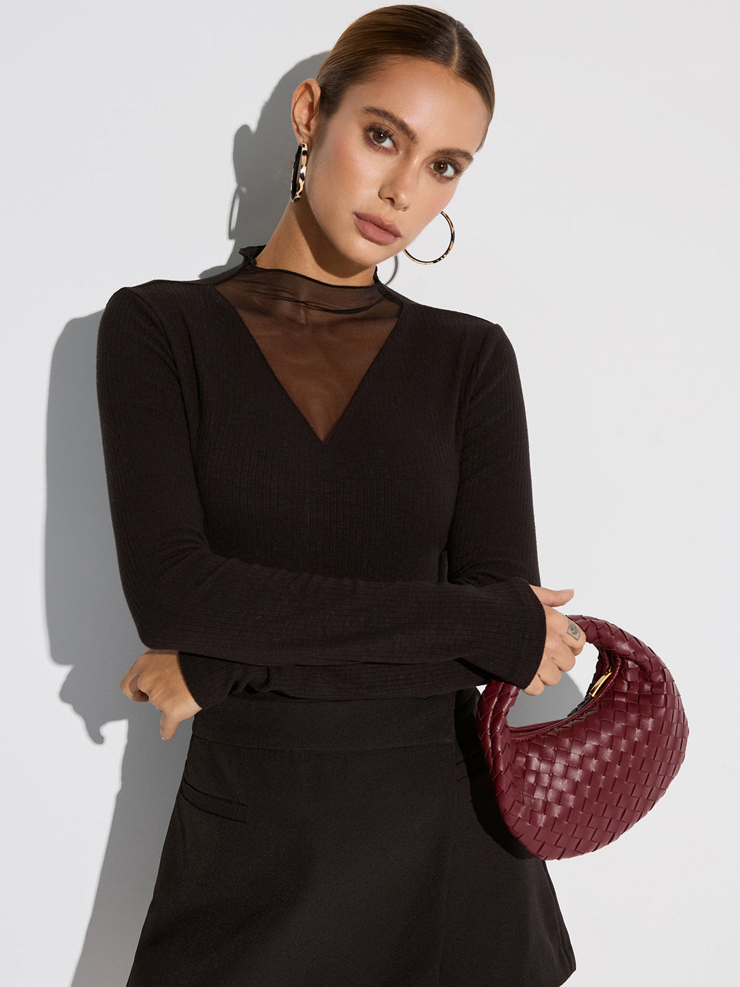 Blusa elegante de mujer manga larga – Escote de red, cuello redondo, tela suave