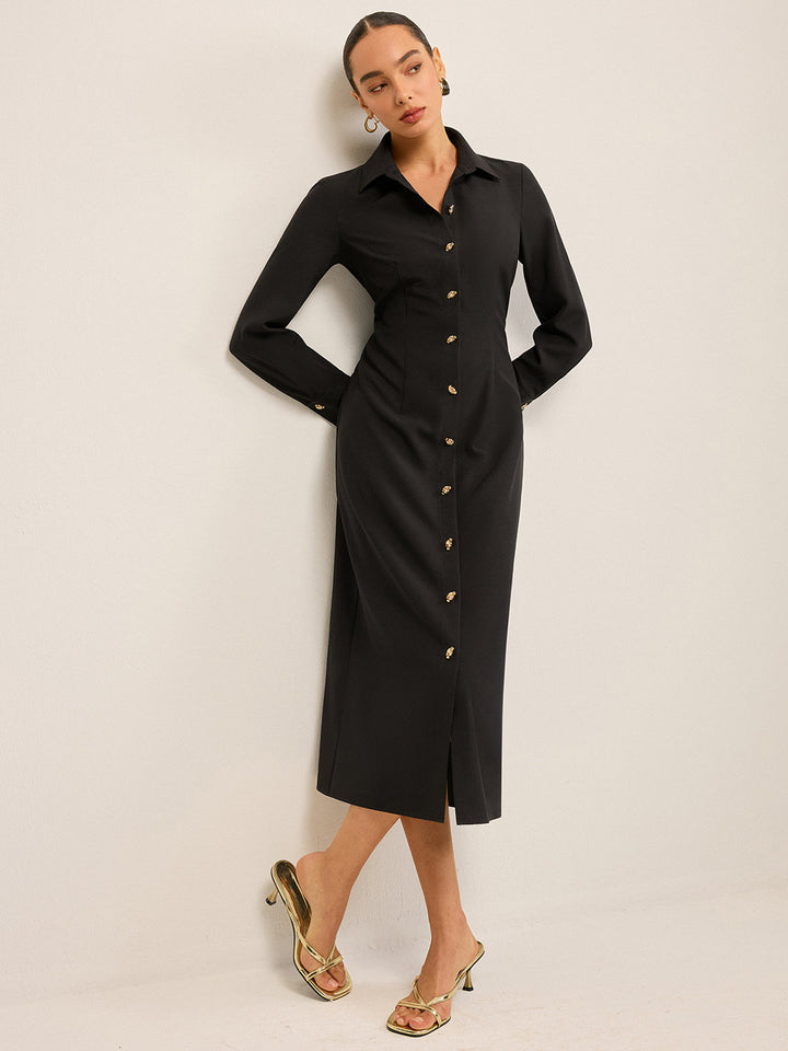 Élégante robe-chemise à manches longues avec fermeture à boutons-pression