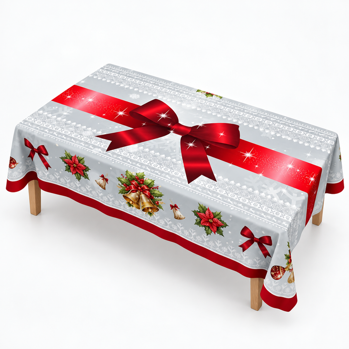 Holly Hearth | Weihnachts-Tischdecke mit Rote-Schleifen-Druck