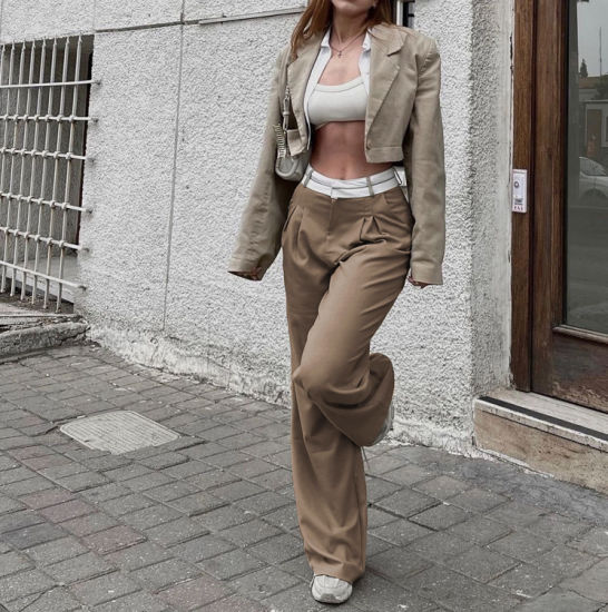Women's High-Waist Straight Wide-Leg Pants – Elegant Black Fabric Trousers