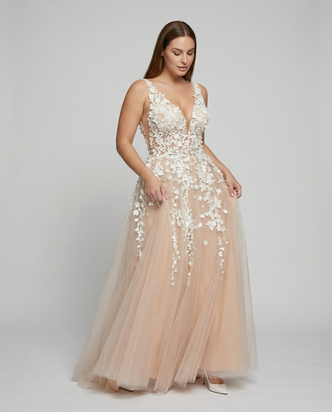 Damen Elegantes V-Ausschnitt Blumen Besticktes Hochzeitskleid – Luxus Brautkleid