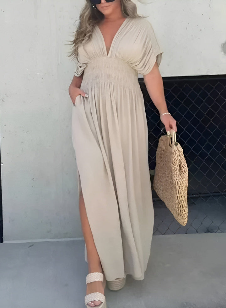 Damen Maxikleid – Leichter Stoff – V-Ausschnitt – Lässiger Sommerstil