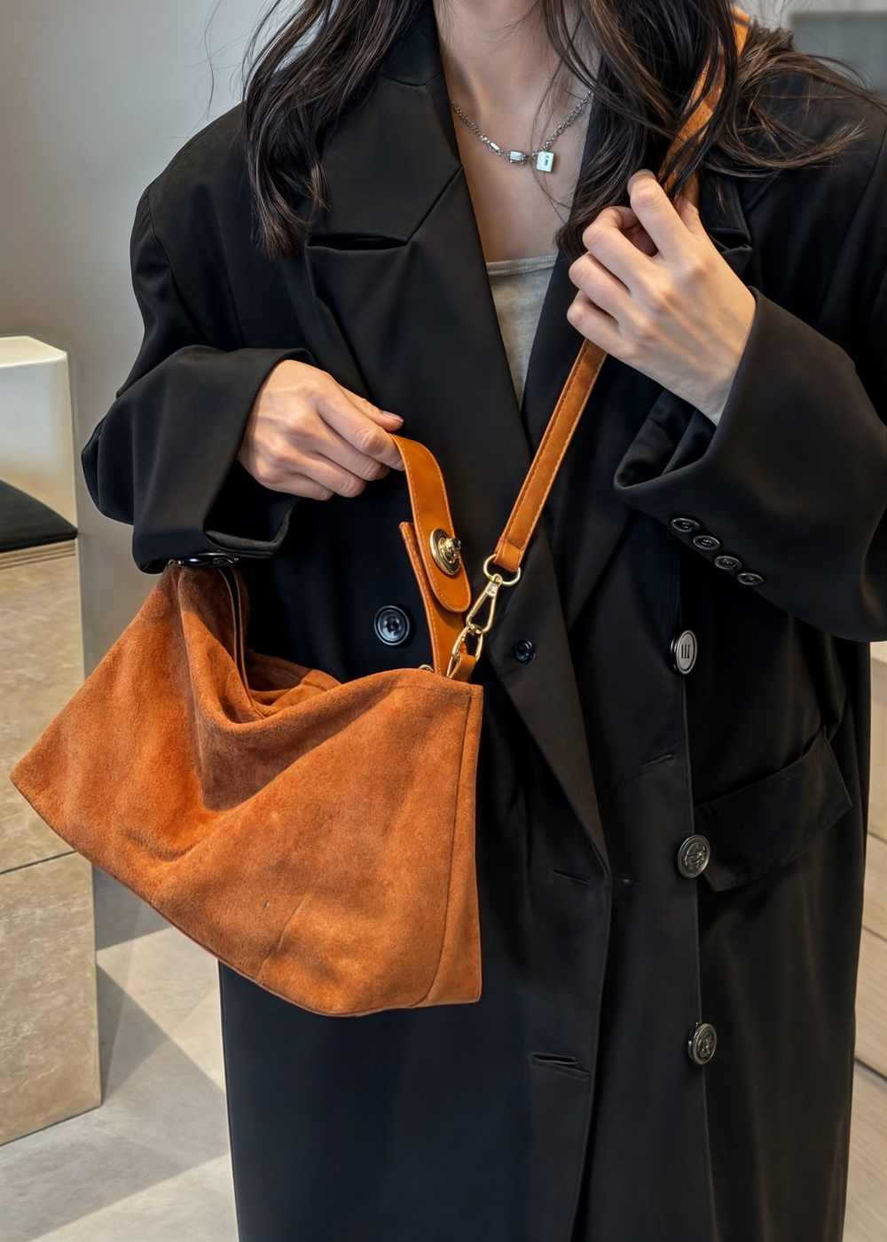 Wildleder Handtasche Damen – Vintage Umhängetasche mit Reißverschluss