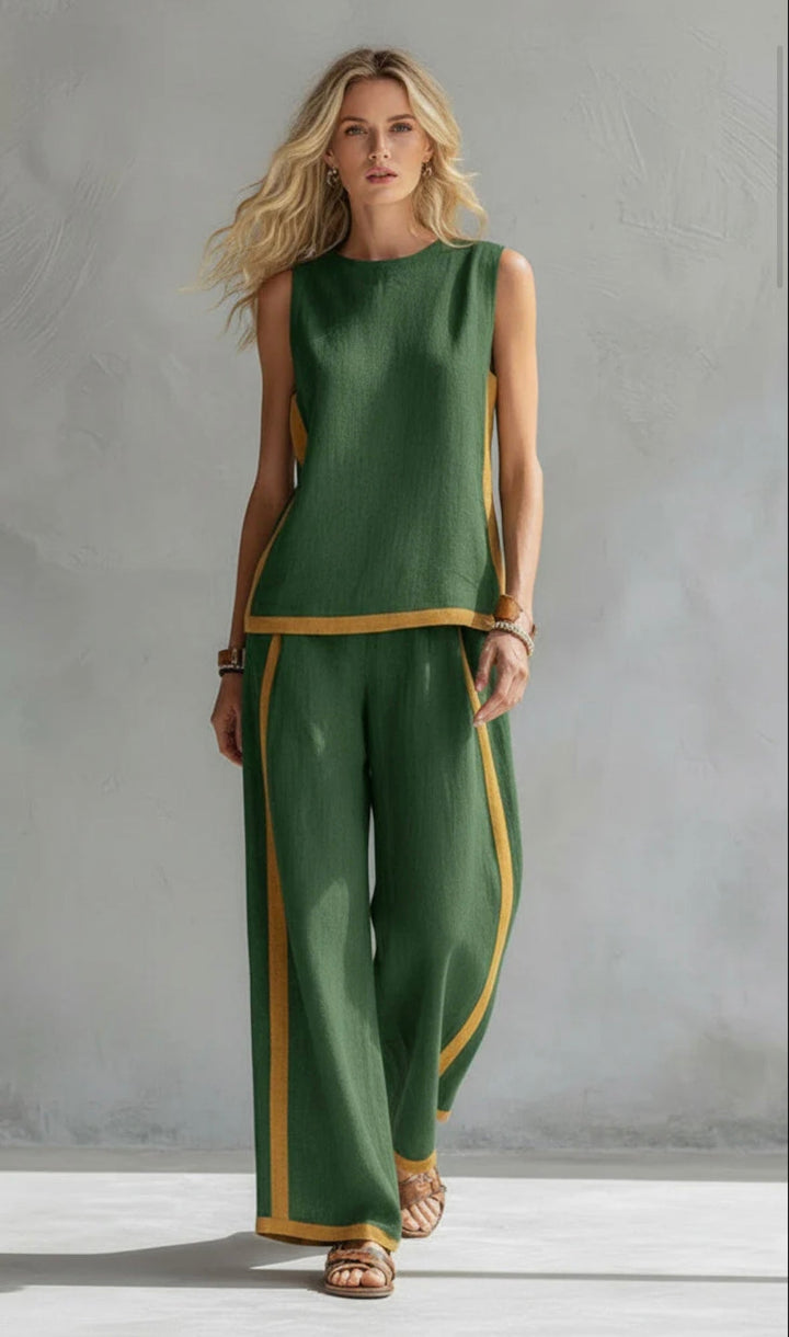 Damen Leinen Zweiteiler Set - Ärmelloses Casual Sommer Outfit