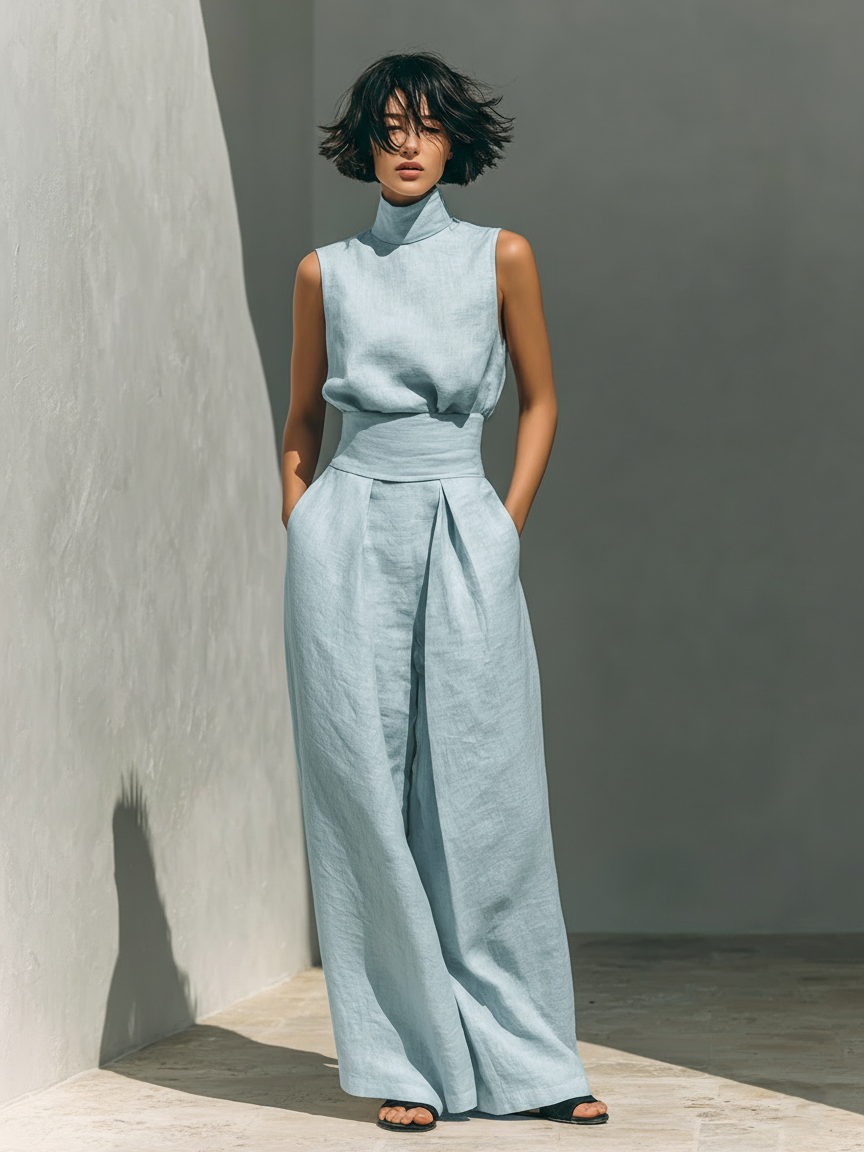 Women's Linen Two-Piece Set - Turtleneck Top Wide Pants