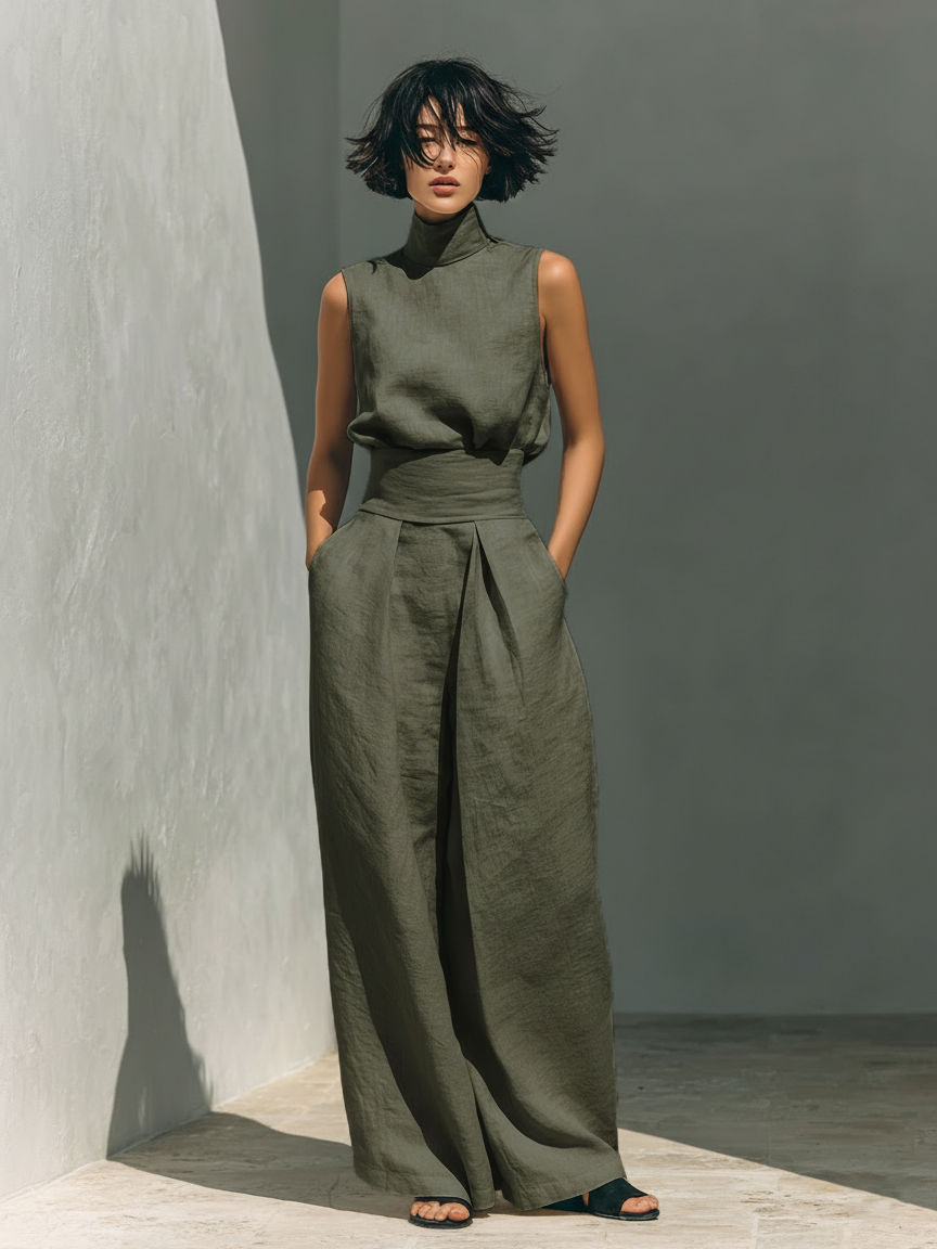 Women's Linen Two-Piece Set - Turtleneck Top Wide Pants