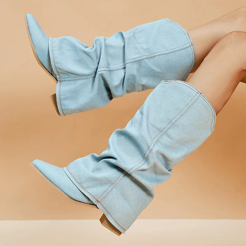 Women's denim boots with block heel