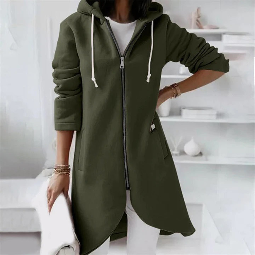 Long women's hoodie with zipper & hood – figure-flattering