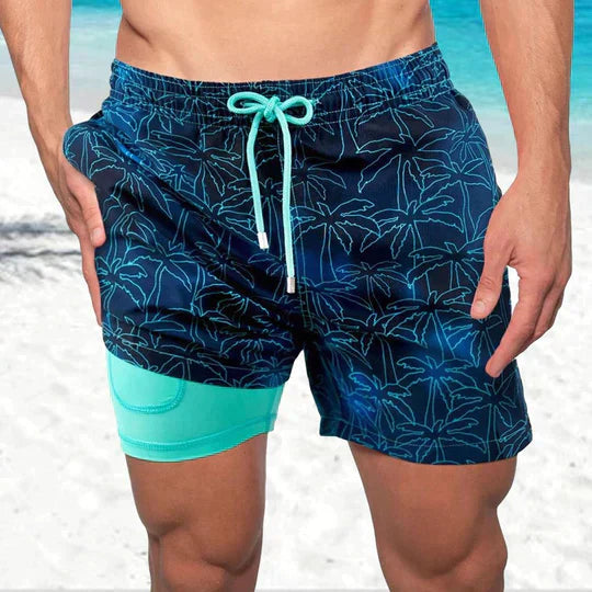 Men's Quick-Drying Swim Shorts with Compression Inner Shorts – Sporty Beach Shorts
