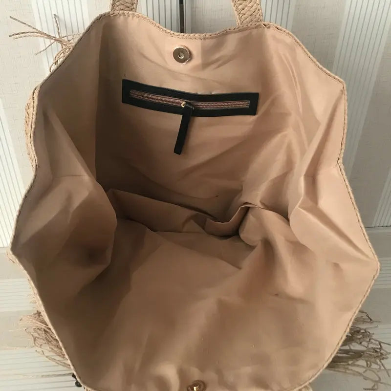 Straw bag women – Handmade beach bag with tassels & zipper