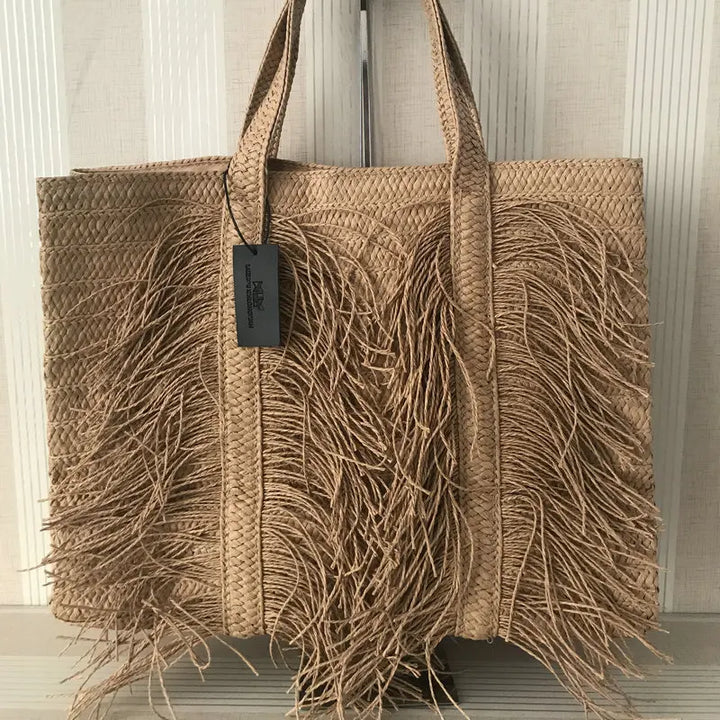 Straw bag women – Handmade beach bag with tassels & zipper
