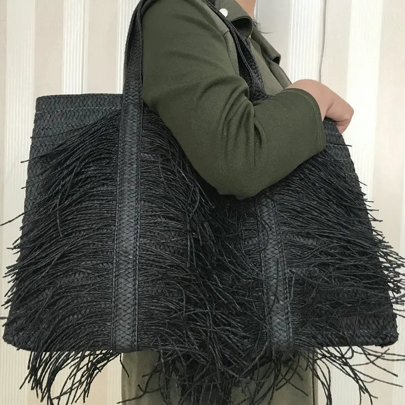 Straw bag women – Handmade beach bag with tassels & zipper