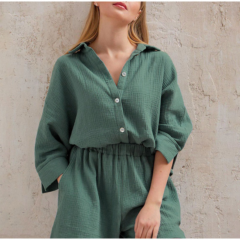 Damen Weißes Leinen Zweiteiler Sommer Set – Leichtes Hemd Mit Hose