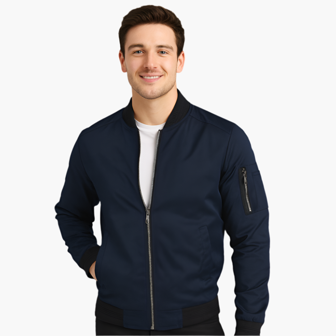 Men's bomber jacket with zippered pocket and ribbed hem