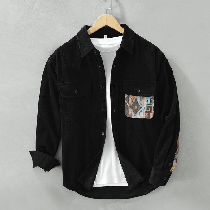 Men's Corduroy Shirt Long Sleeve with Patchwork Design and Front Pockets