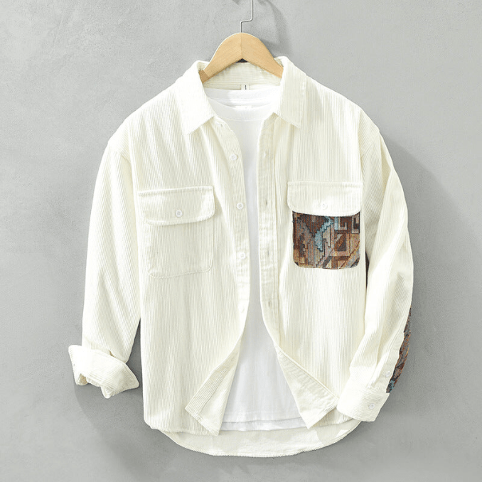 Men's Corduroy Shirt Long Sleeve with Patchwork Design and Front Pockets