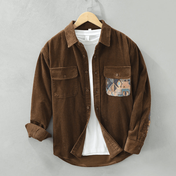 Men's Corduroy Shirt Long Sleeve with Patchwork Design and Front Pockets