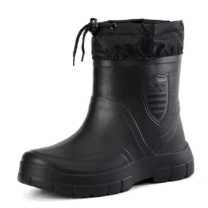 Unisex insulated rubber boots with non-slip sole and drawstring