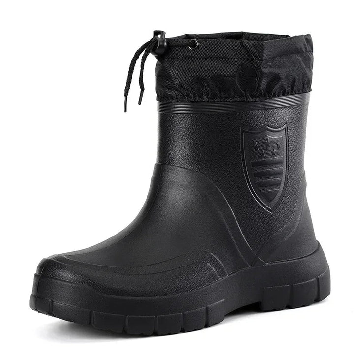 Unisex insulated rubber boots with non-slip sole and drawstring