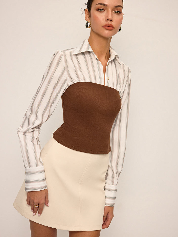 Women's Shirt Long Sleeve Striped Contrast Rib Knit Cotton