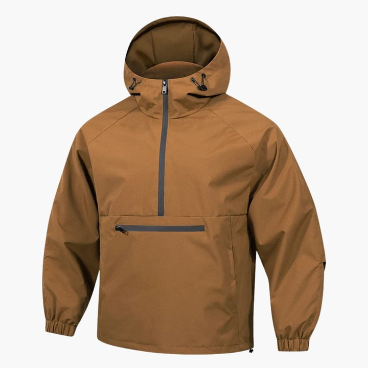 Men's softshell jacket with hood and chest pocket