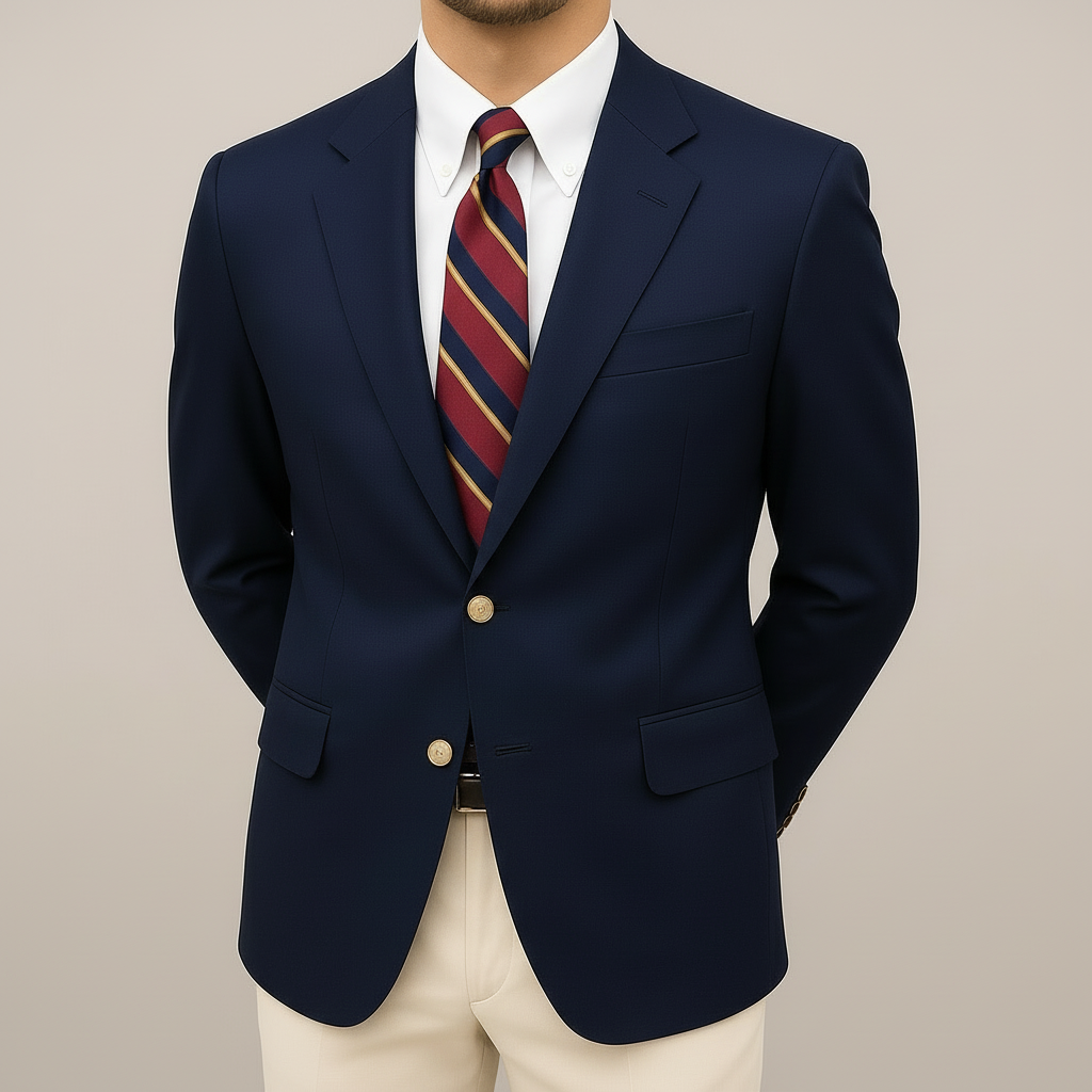 Herren Marineblauer Klassischer Blazer mit Goldenen Knopfdetails in Strukturierter Passform 0
