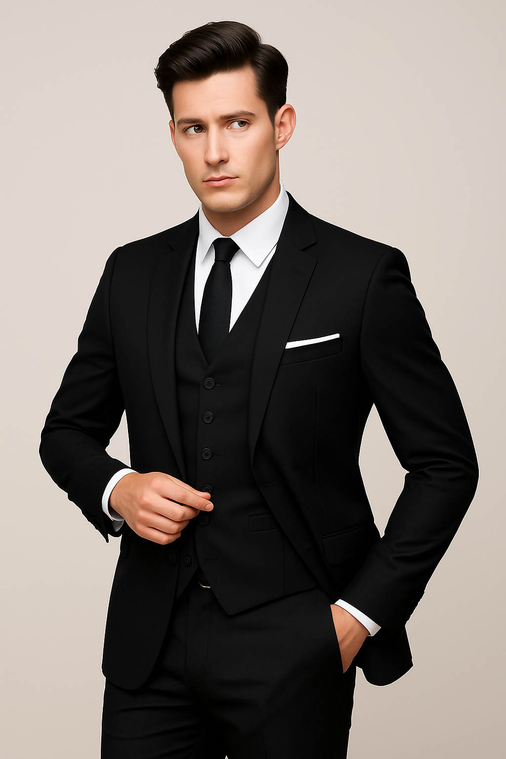 Herren Schwarzer Dreiteiliger Slim-Fit-Anzug aus Hochwertigem Material 2