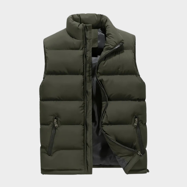 Men's quilted vest weatherproof with high collar and zippered pockets