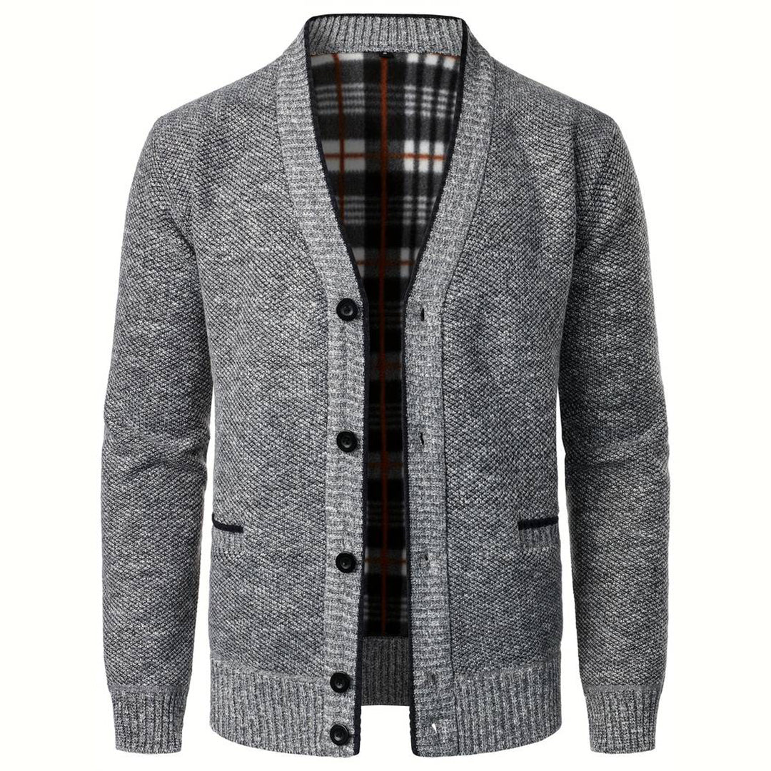 Herren Strickjacke V-Ausschnitt Mit Kariertem Innenfutter aus Hochwertiger Strickware 0