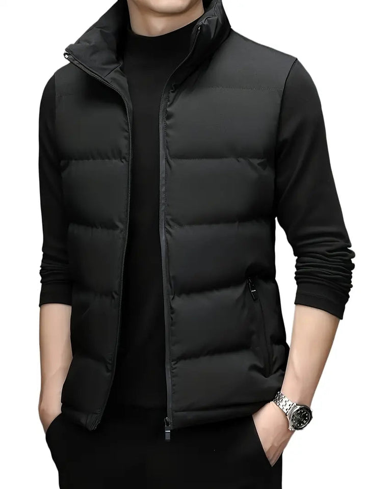 Men's Quilted Vest Black Minimalist with Stand-up Collar and Zipper Pockets