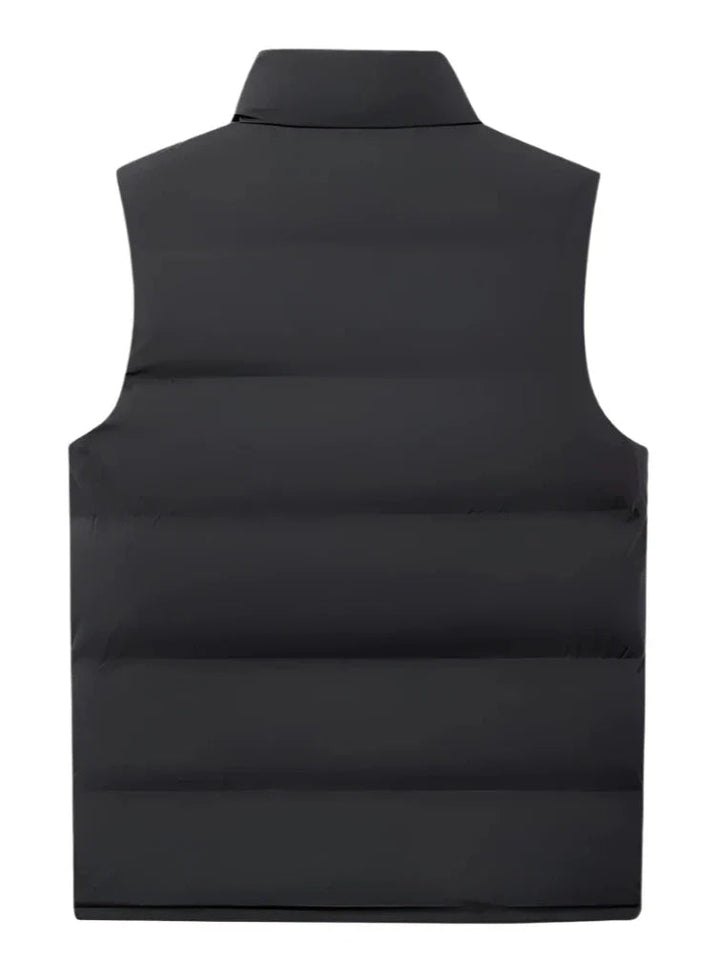 Men's Quilted Vest Black Minimalist with Stand-up Collar and Zipper Pockets